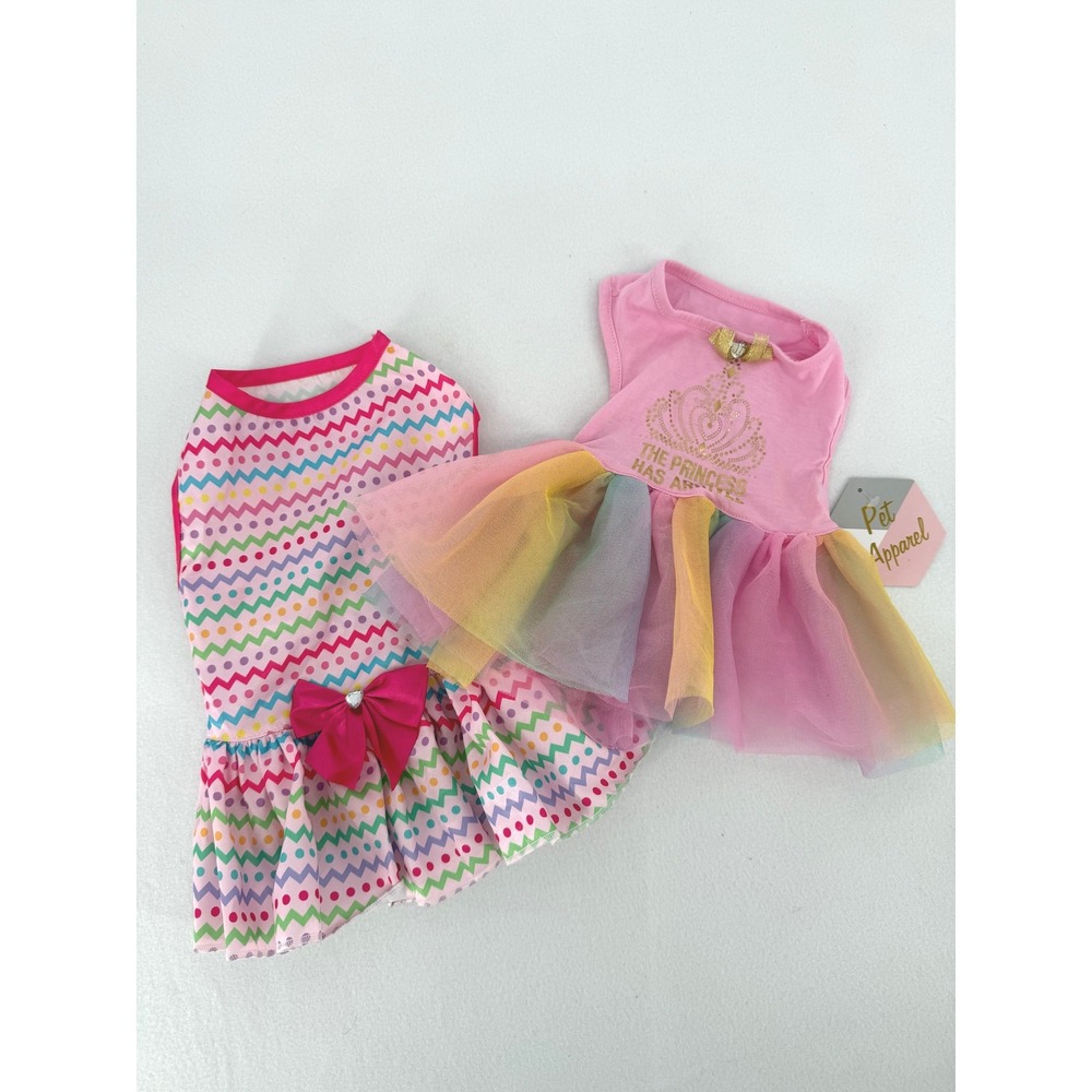 Lot of 2 Dog Dresses M Pink Rainbow Tulle Chevron Tutu  Lot of 2